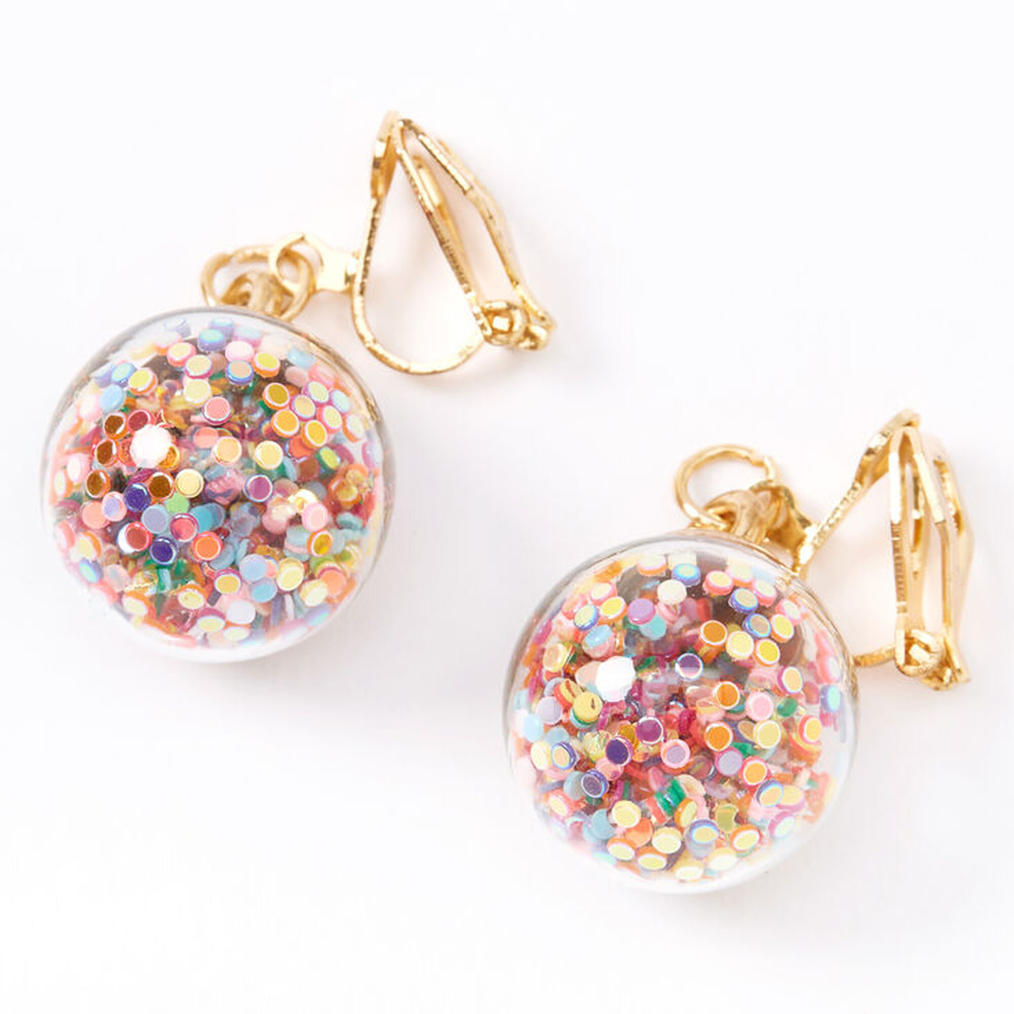 View Claires Tone 1 Rainbow Glitter Shaker Clip On Drop Earrings Gold information
