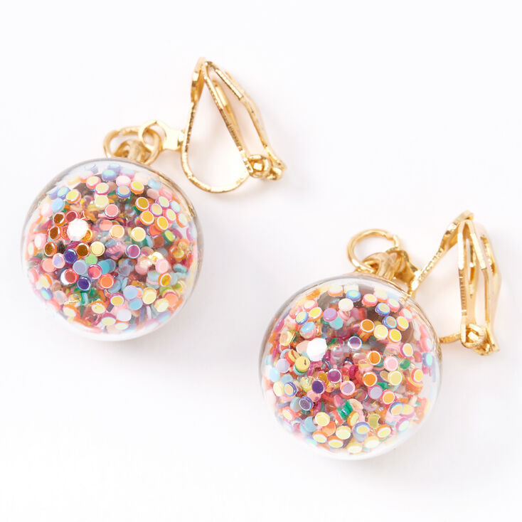 Gold-tone 1&quot; Rainbow Glitter Shaker Clip On Drop Earrings,