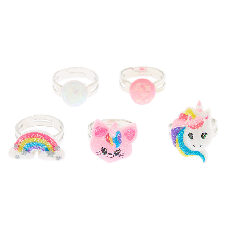  Claire's Club Little Girls Adjustable Small Glitter Rainbow,  Unicorn, Cat and Pearl Ring Set, 5-rings: Clothing, Shoes & Jewelry