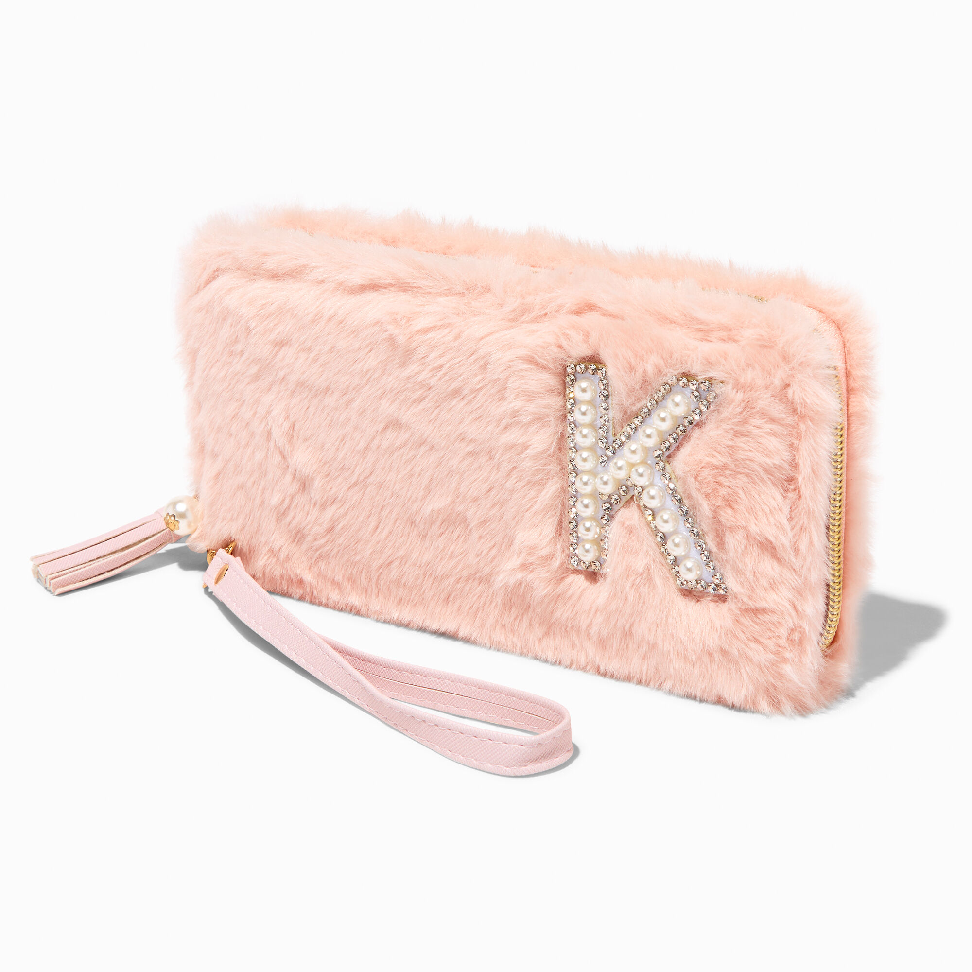 View Claires Blush Furry Pearl Initial Wristlet Wallet K Pink information
