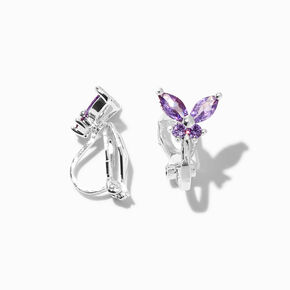 Purple Cubic Zirconia Silver Butterfly Clip-On Earrings,