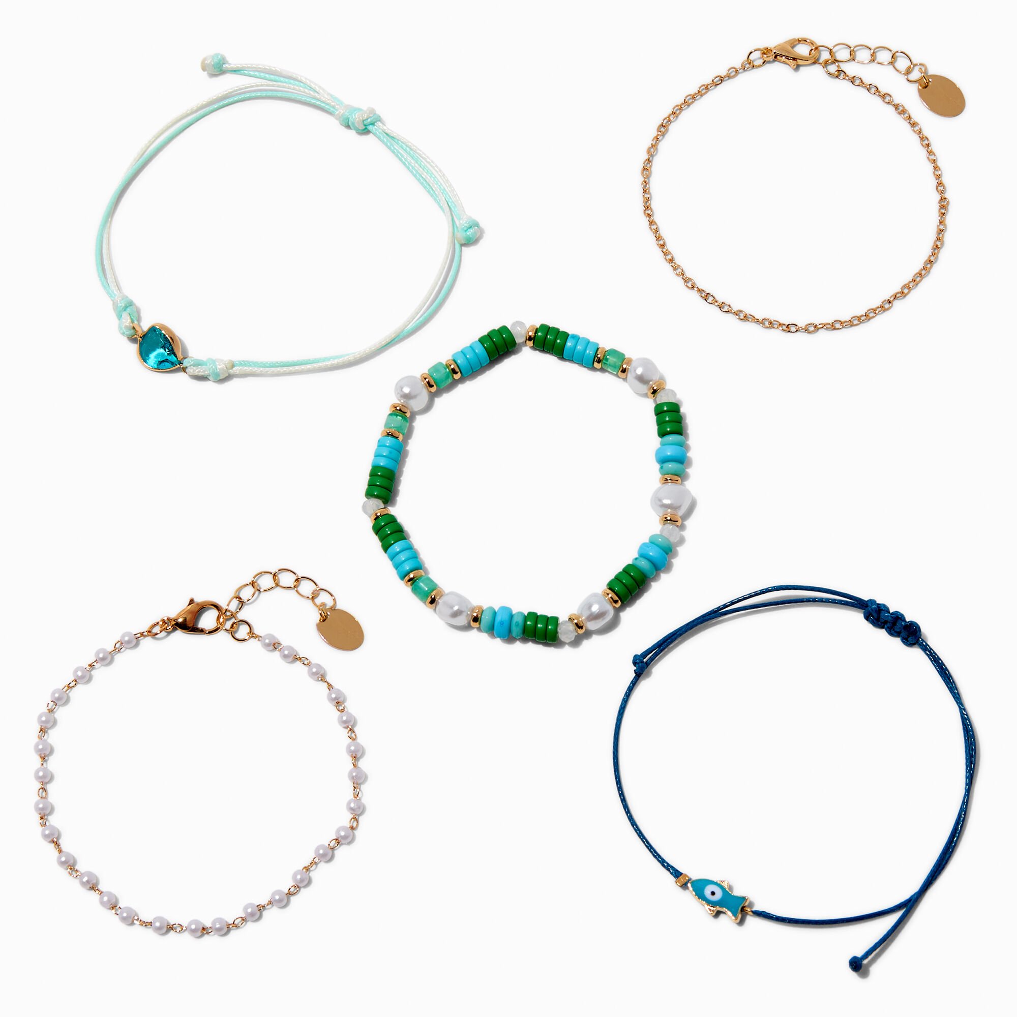 Turquoise Fish & Seashell Bracelet Set - 5 Pack,
