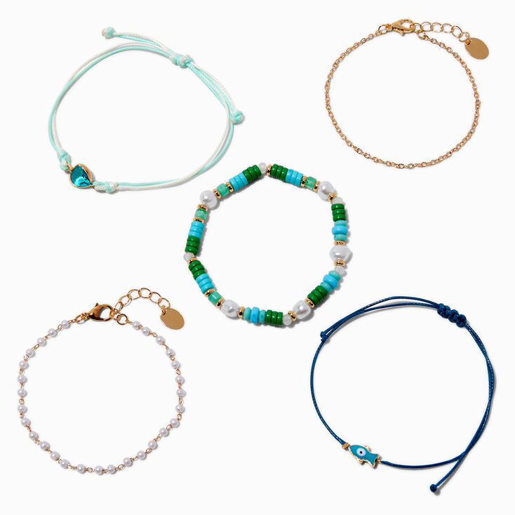 Turquoise Fish &amp; Seashell Bracelet Set - 5 Pack,