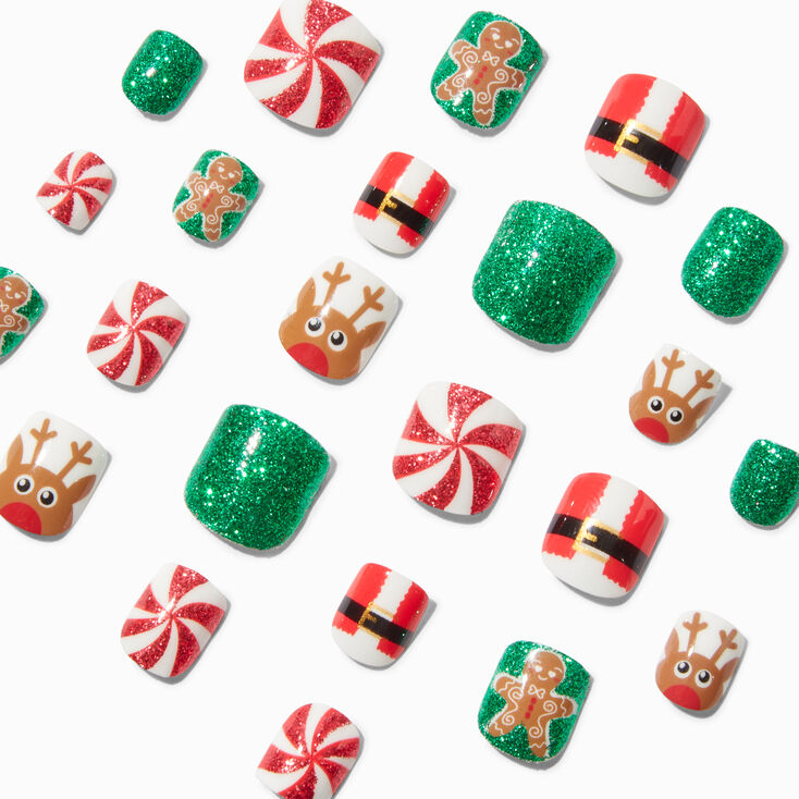 Faux ongles autocollants ic&ocirc;nes de No&euml;l &agrave; paillettes - Lot de 24,