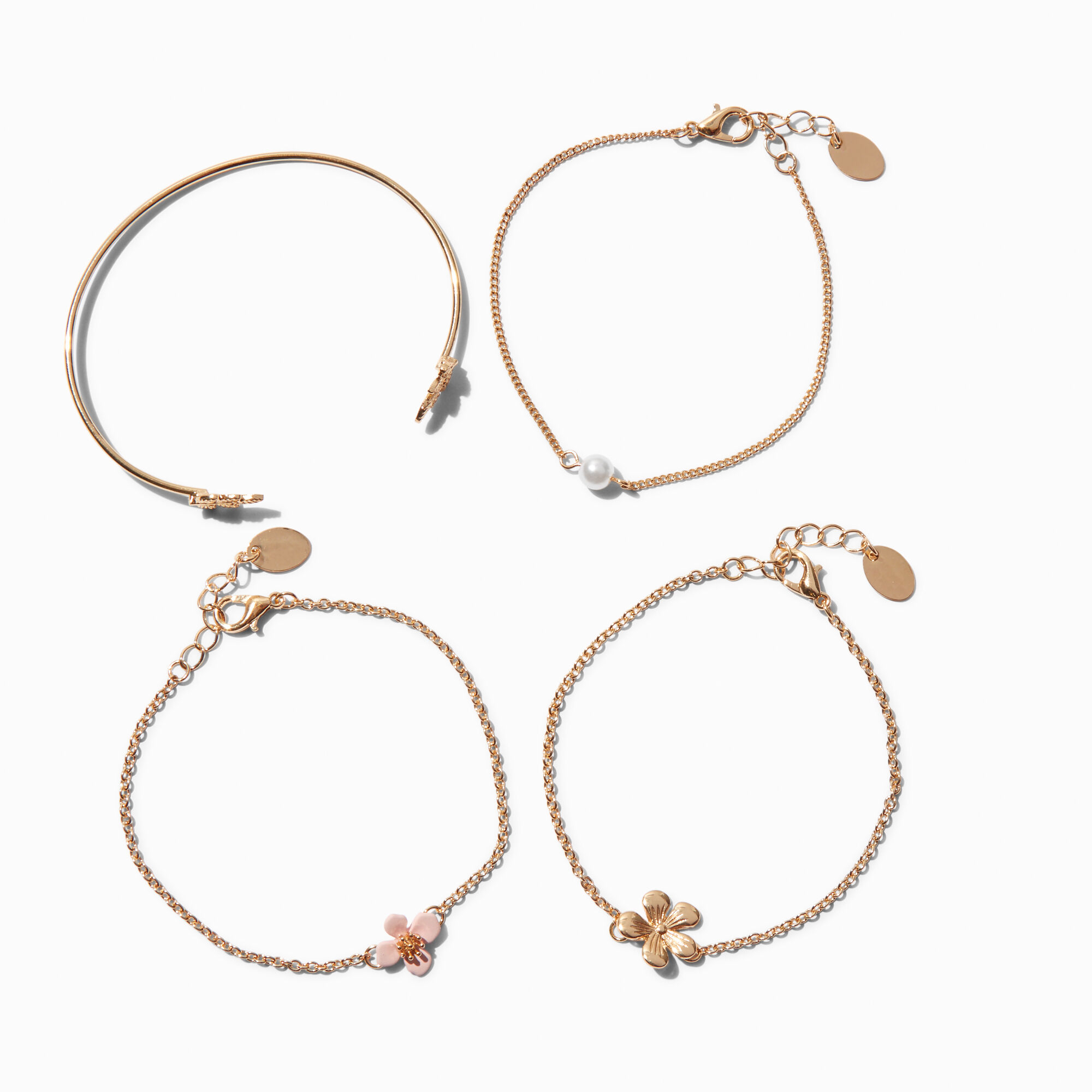 View Claires Cherry Blossom Chain Cuff Bracelet Set 4 Pack Gold information