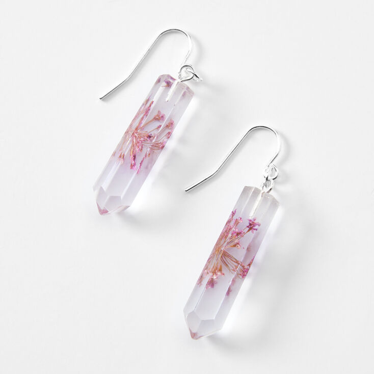 Silver 1&#39;&#39; Purple Flower Mystical Gem Drop Earrings,