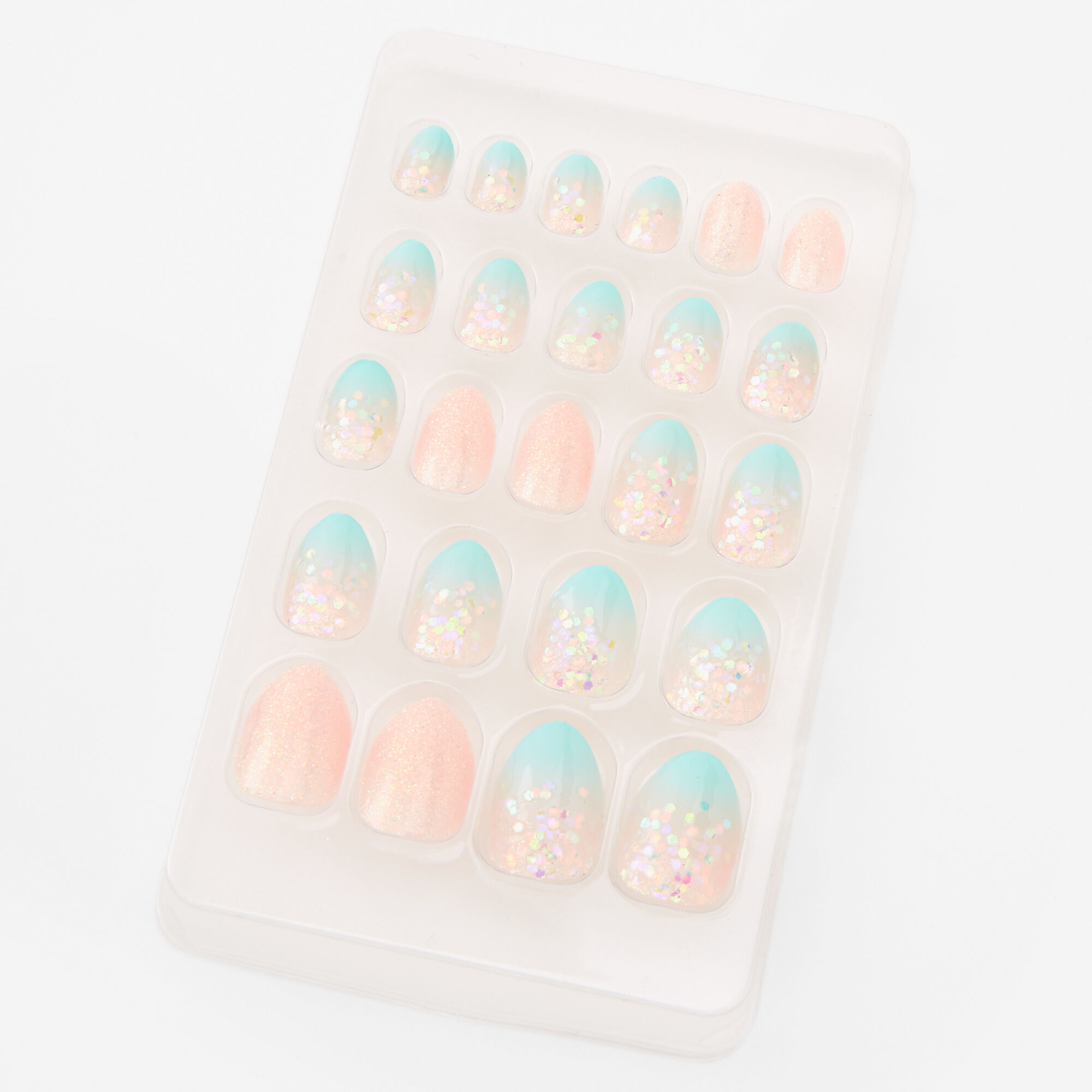 Ombre Mint Glitter Stiletto Press On Vegan Faux Nail Set - 24 Pack,