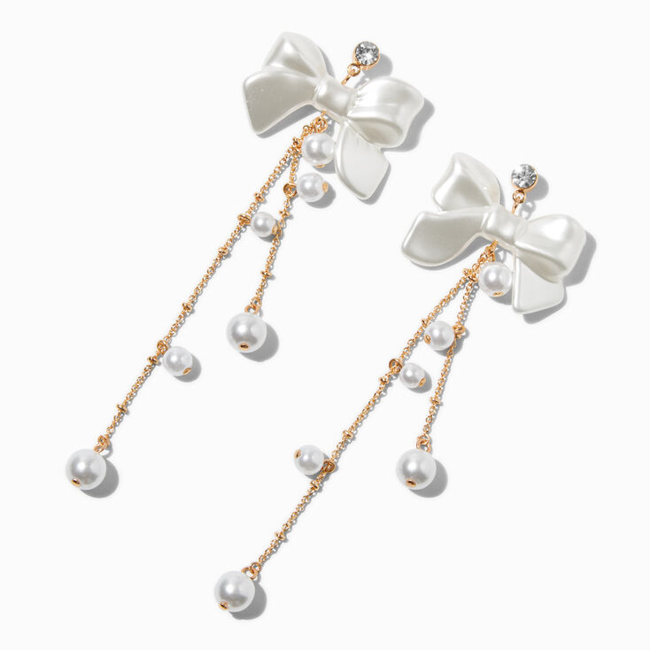 White Bow Gold-tone Pearl 4&quot; Drop Earrings ,