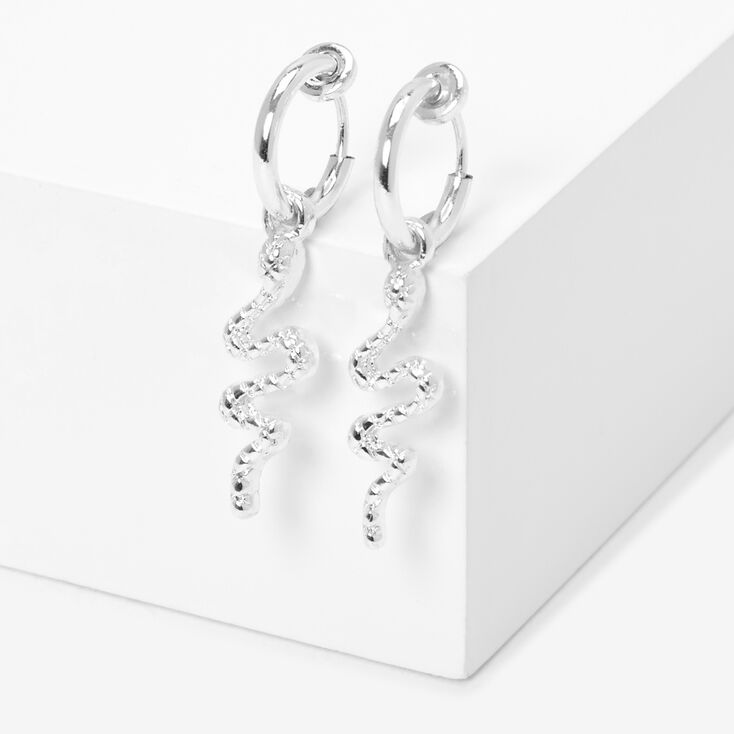 Silver Snake Clip On 1&quot; Drop Hoop Earrings,