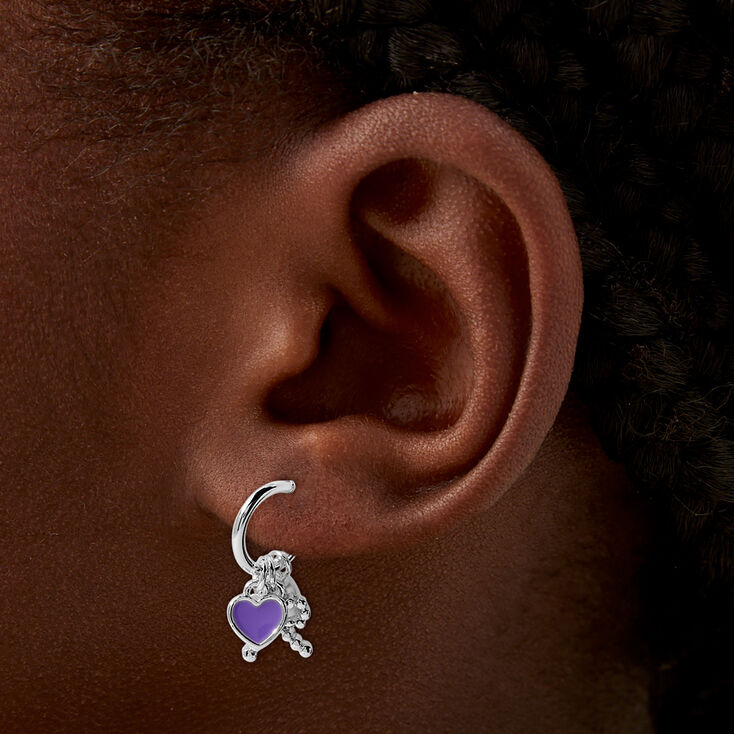 Purple Heart, Pearl &amp; Silver-tone Bow Charm Hoop Earrings,