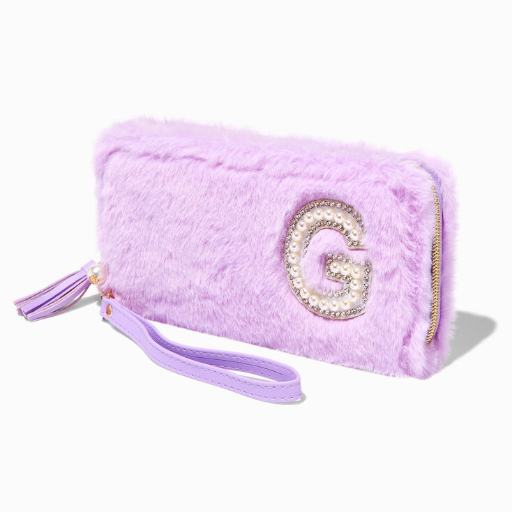 Lavender Furry Pearl Initial Wristlet Wallet - G,