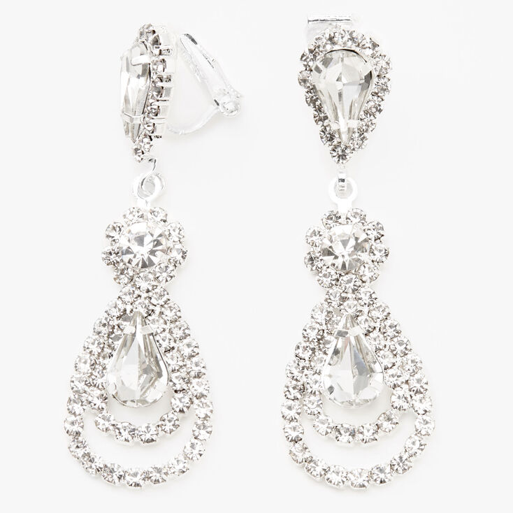 Silver 1.5&quot; Rhinestone Teardrop Clip On Drop Earrings,