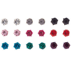 Silver Cool Tone Crystal Stud Earrings - 9 Pack,