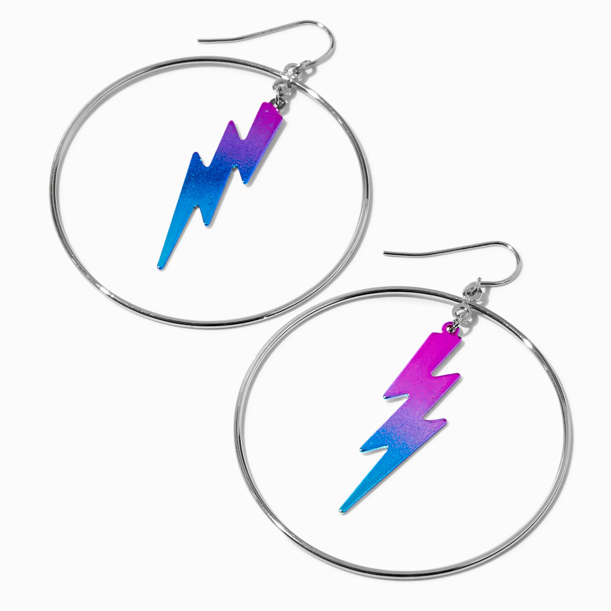 Iridescent Lightning Bolt 2" Silver Hoop Earrings,