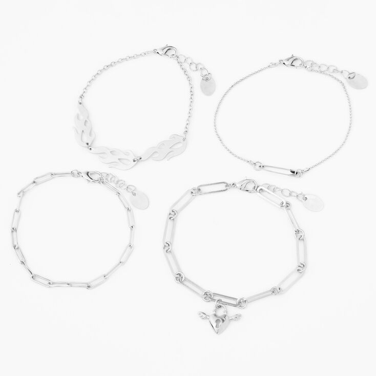Silver Hearts and Flames Chain Bracelet Set - 4 Pack | Claire's US
