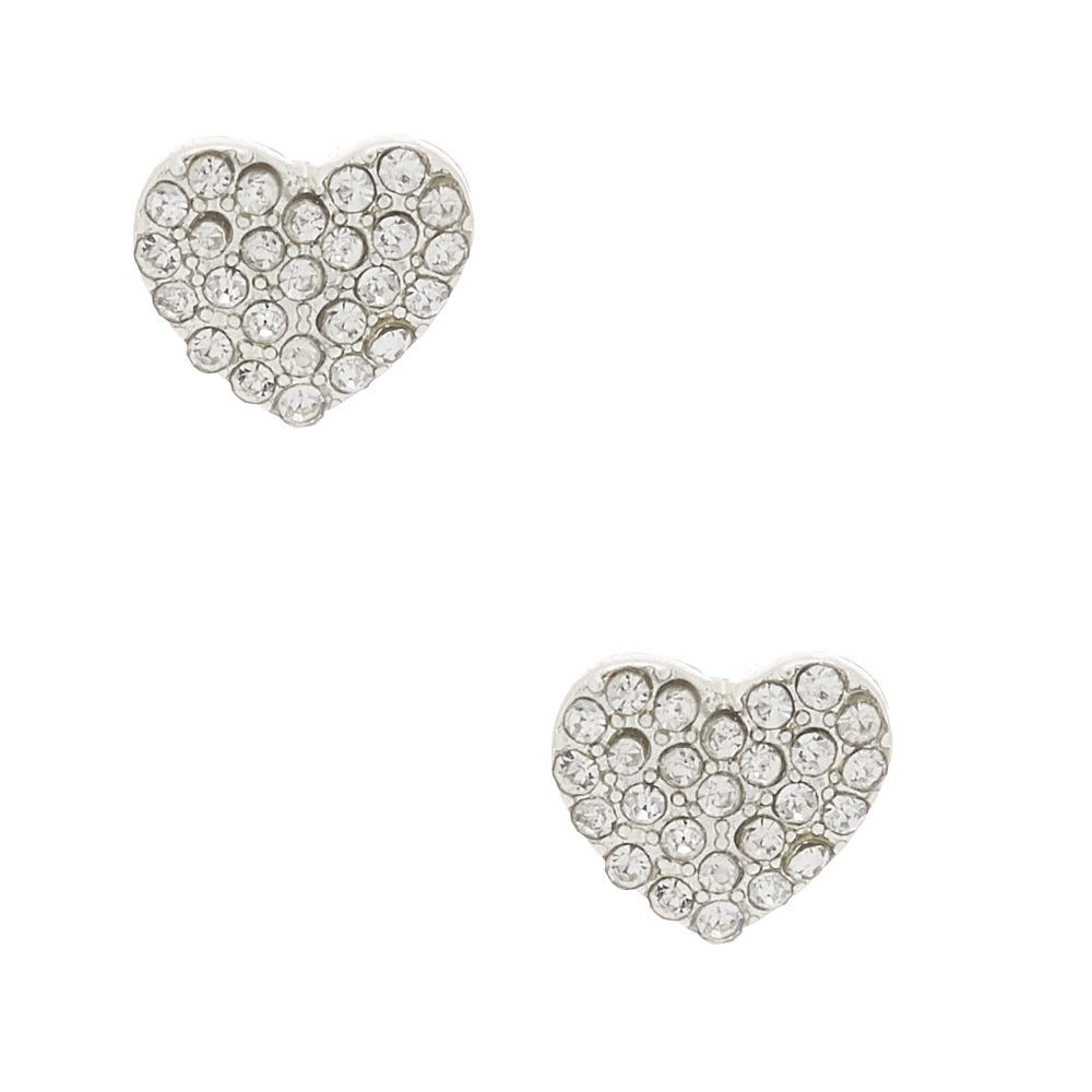 Silver Crystal Heart Stud Earrings,