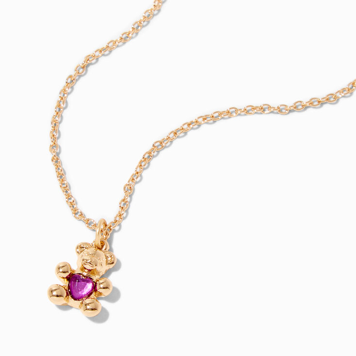 Gold February Birthstone Teddy Bear Pendant Necklace,