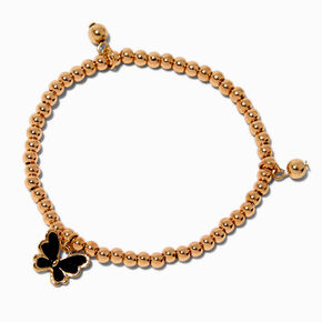 Black Enamel Butterfly &amp; Gold-tone Beaded Stretch Bracelet,