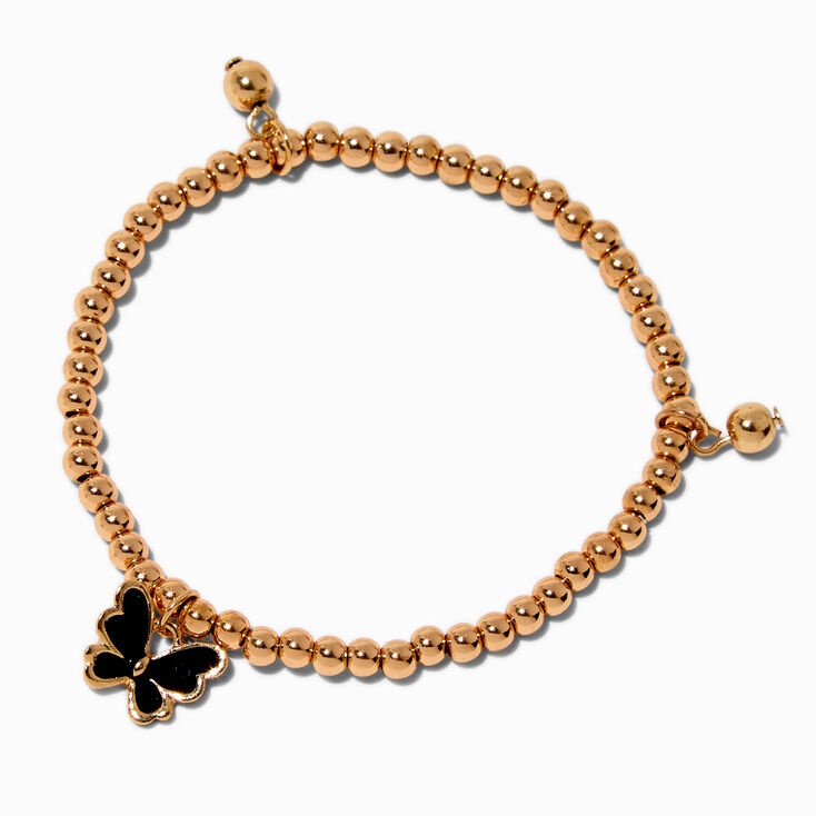 Black Enamel Butterfly &amp; Gold-tone Beaded Stretch Bracelet,