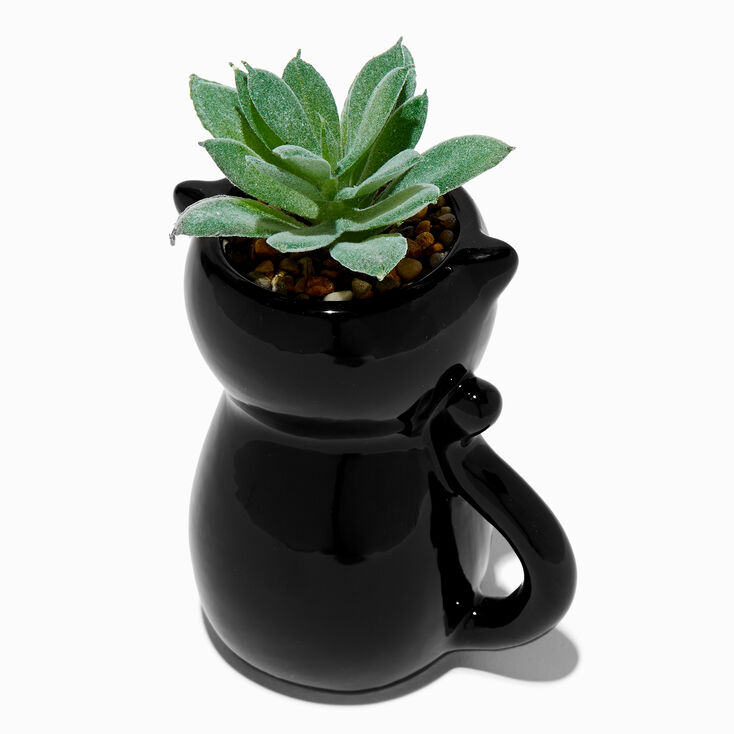 Black Cat Planter with Faux Succulent,