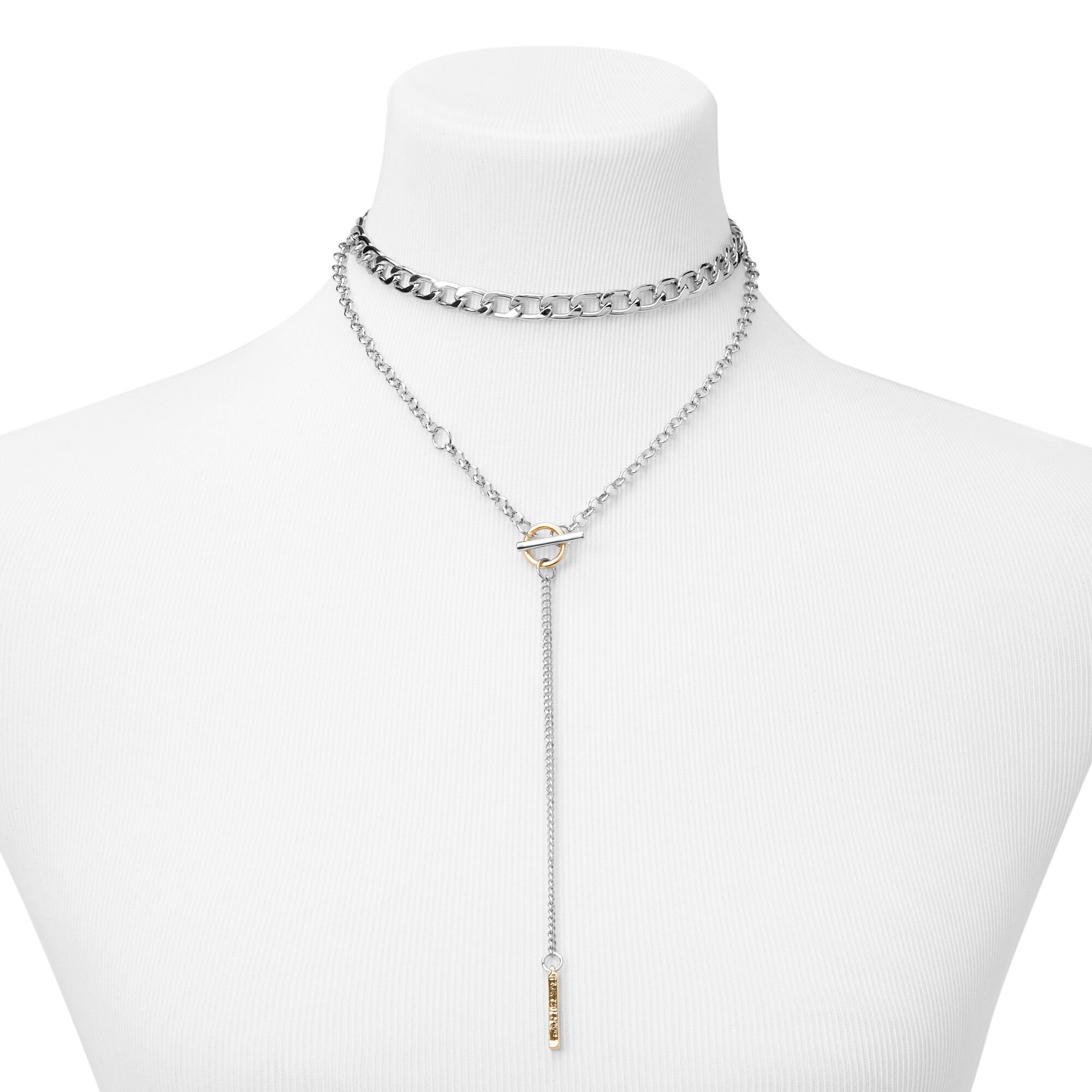 Mixed Metal Lariat Toggle Multi Strand Necklace,