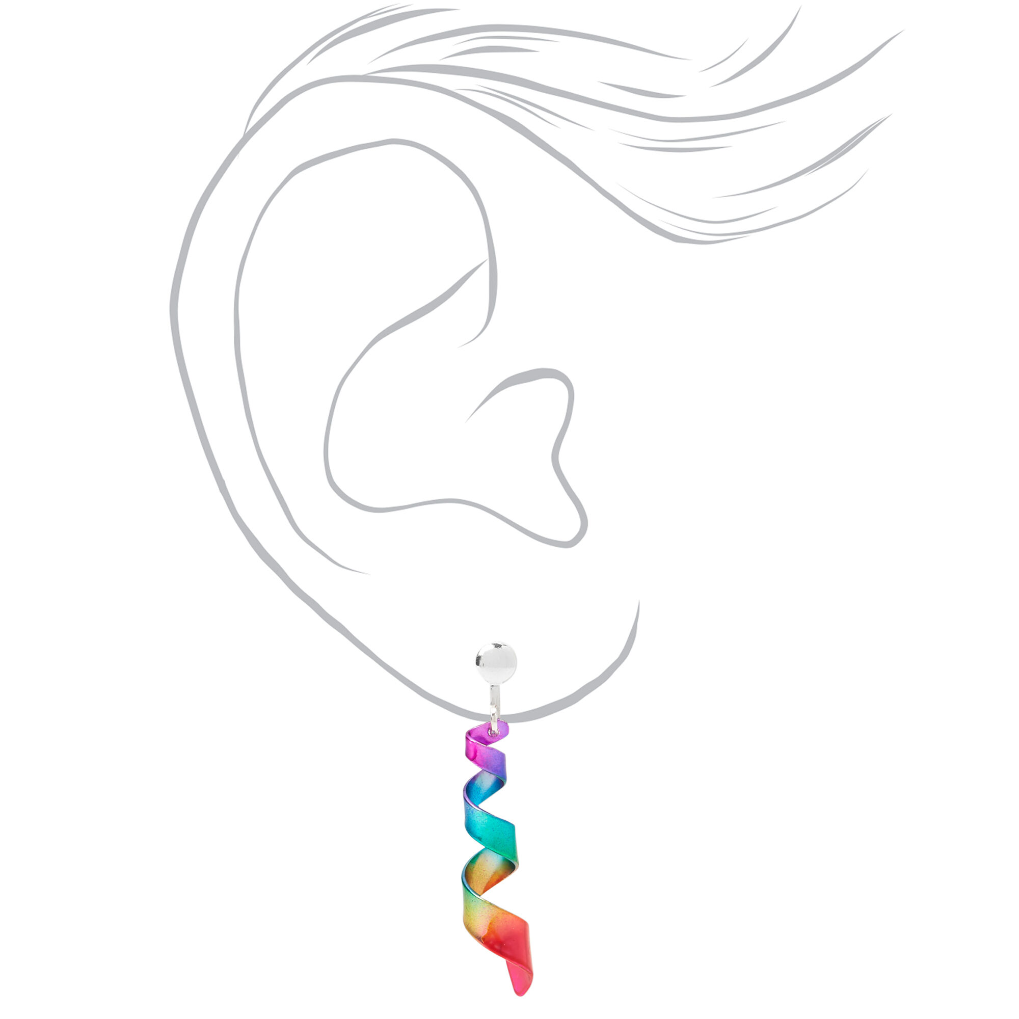 Silver 1" Rainbow Spiral Clip On Drop Earrings,