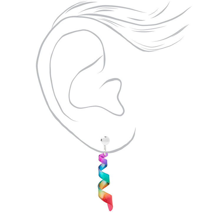 Silver 1&quot; Rainbow Spiral Clip On Drop Earrings,