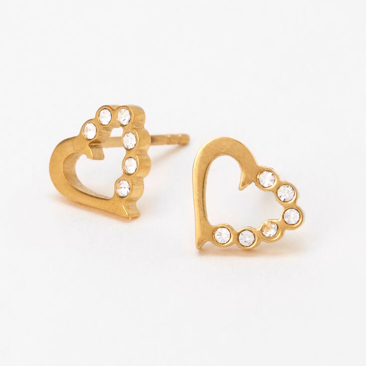 Gold Titanium Half Crystal Heart Stud Earrings,