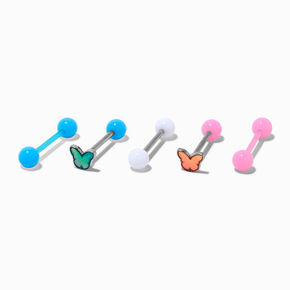 Stainless Steel Butterfly Dreams Barbell 14G Tongue Rings - 5 Pack,