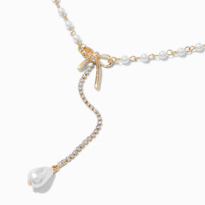 Gold-tone Cubic Zirconia Pearl Bow Y-Neck Pendant Necklace,