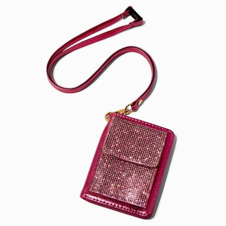 Porte-monnaie bling-bling rose fuchsia avec cordon tour de cou,