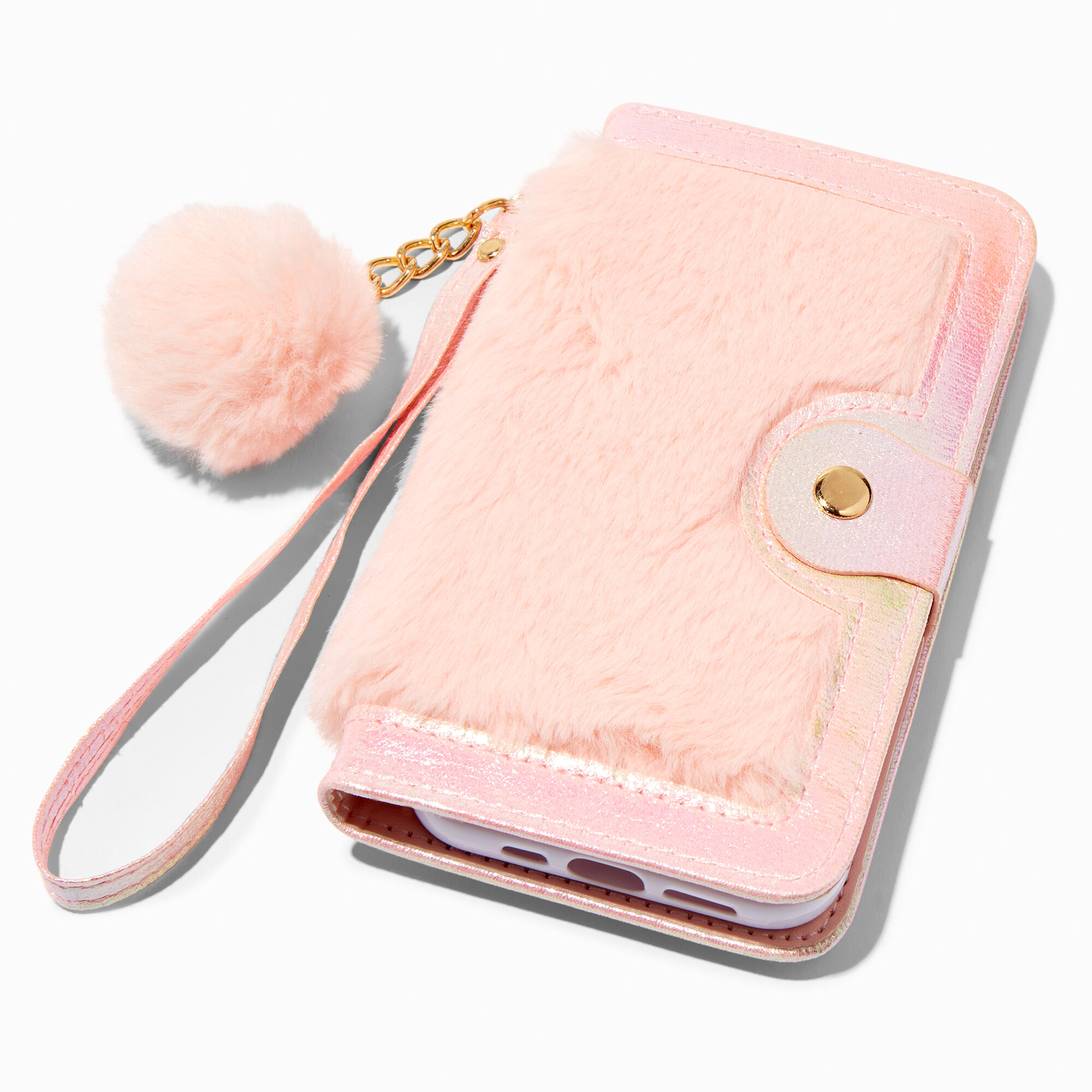 View Claires Furry Wristlet Phone Case Fits Iphone 13 Pro Pink information