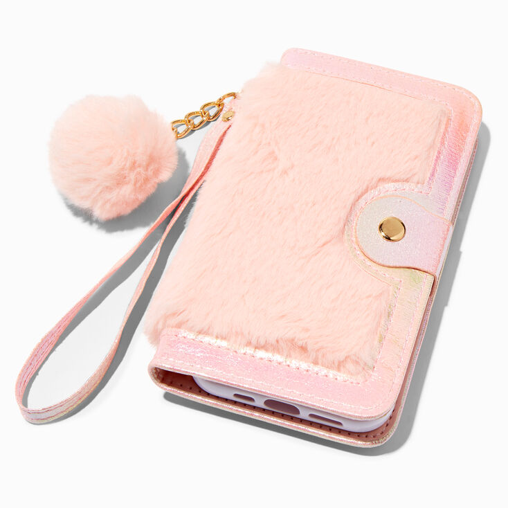 Coque de portable pochette poignet rose en fausse fourrure - Compatible avec iPhone&reg;&nbsp;13&nbsp;Pro,