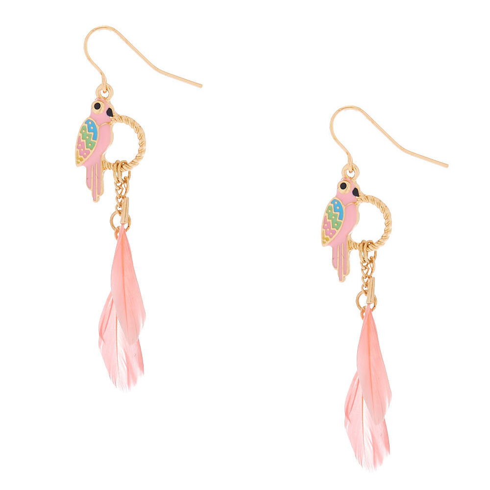 Gold 2" Parrot Feather Drop Earrings - Pink,