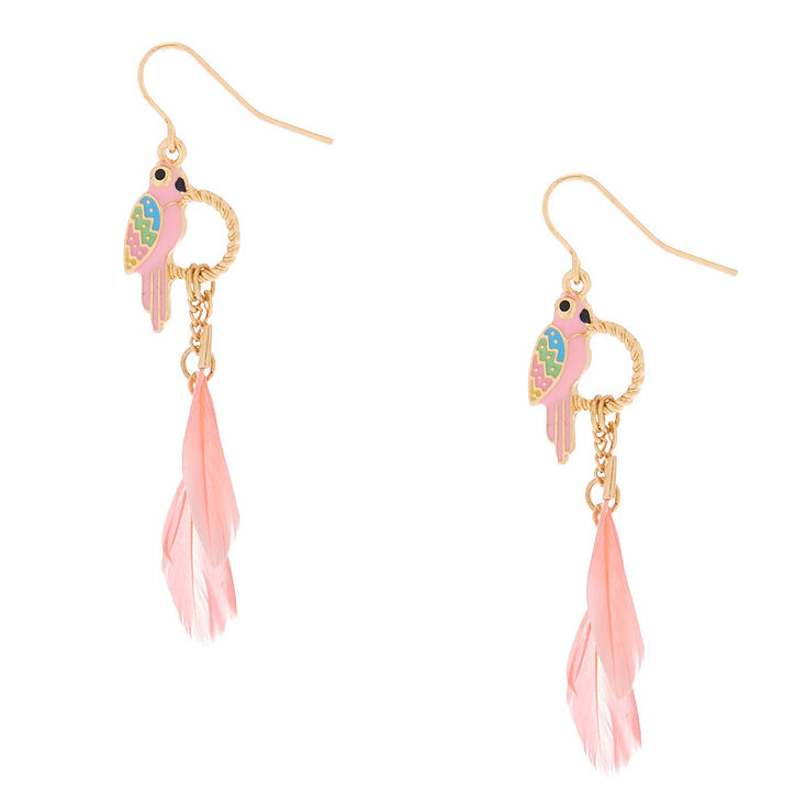 Gold 2&quot; Parrot Feather Drop Earrings - Pink,
