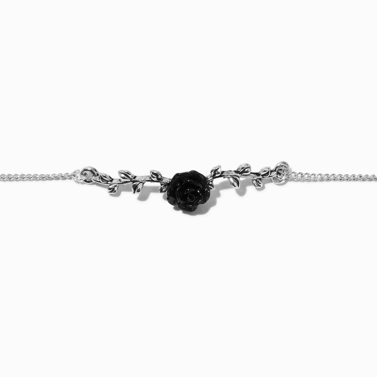 Bracelet de cha&icirc;ne lierre et rose noire couleur argent&eacute;e,