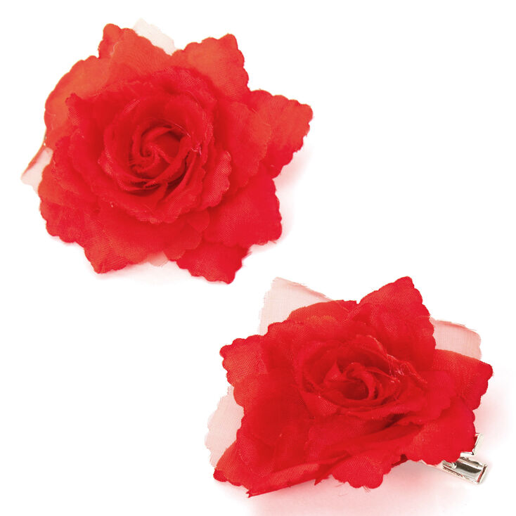 Mini Rose Hair Clips - Red, 2 Pack,