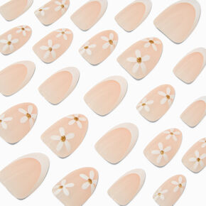 White Daisy French Tip Short Almond Vegan Faux Nail Set - 24 Pack,