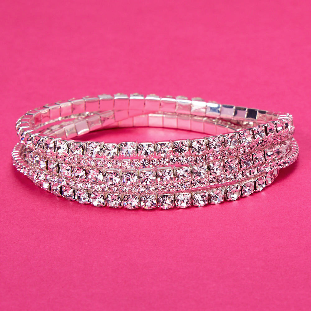 Silver Rhinestone Stretch Bracelets 5 Pack