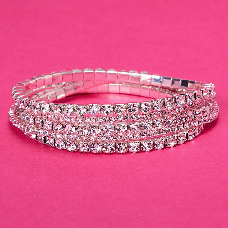 Silver Rhinestone Stretch Bracelets - 5 Pack,