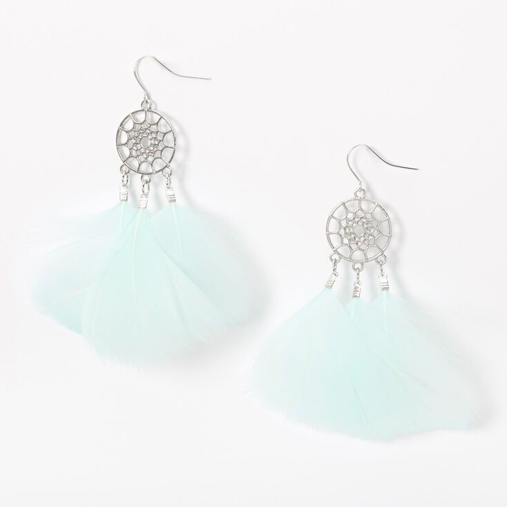 Silver 3&quot; Feather Dreamcatcher Drop Earrings - Mint,