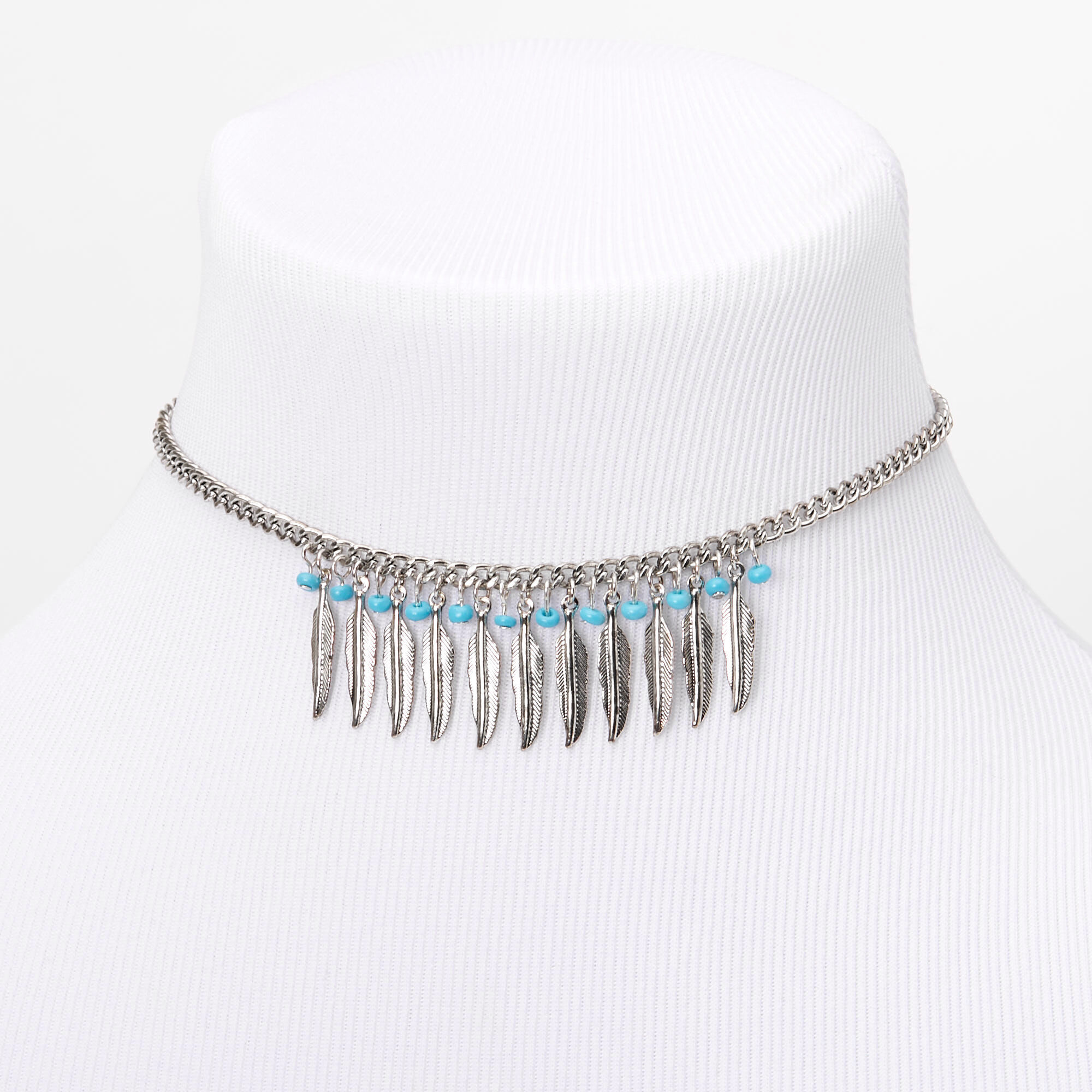 Silver Beaded Feather Choker Necklace Turquoise Claire s
