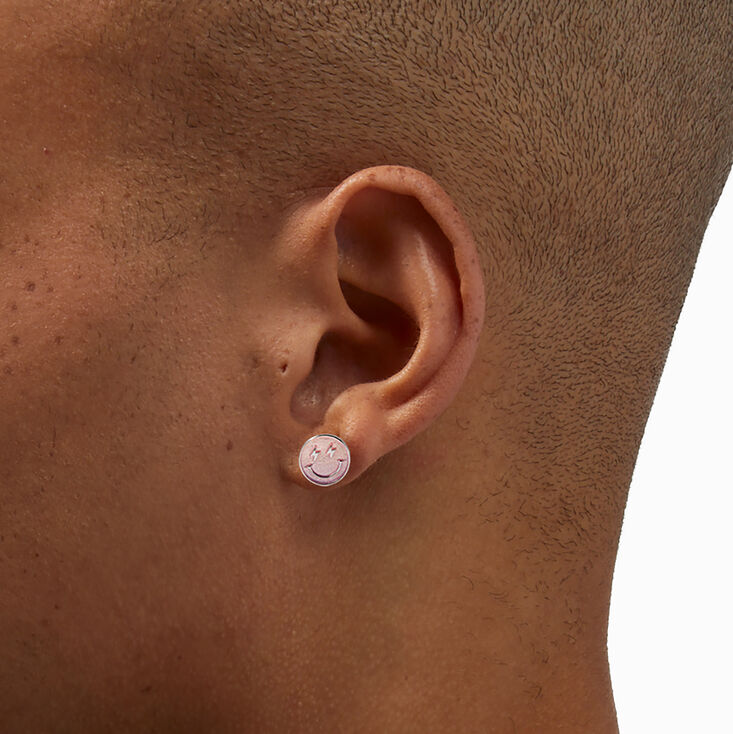 Pink Glow In The Dark Happy Face Stud Earrings,
