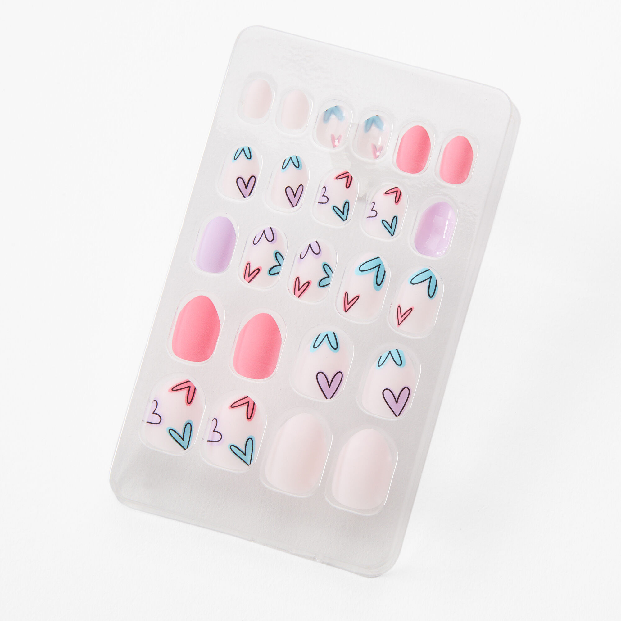 View Claires Pastel Heart Print Stiletto Press On Vegan Faux Nail Set 24 Pack information