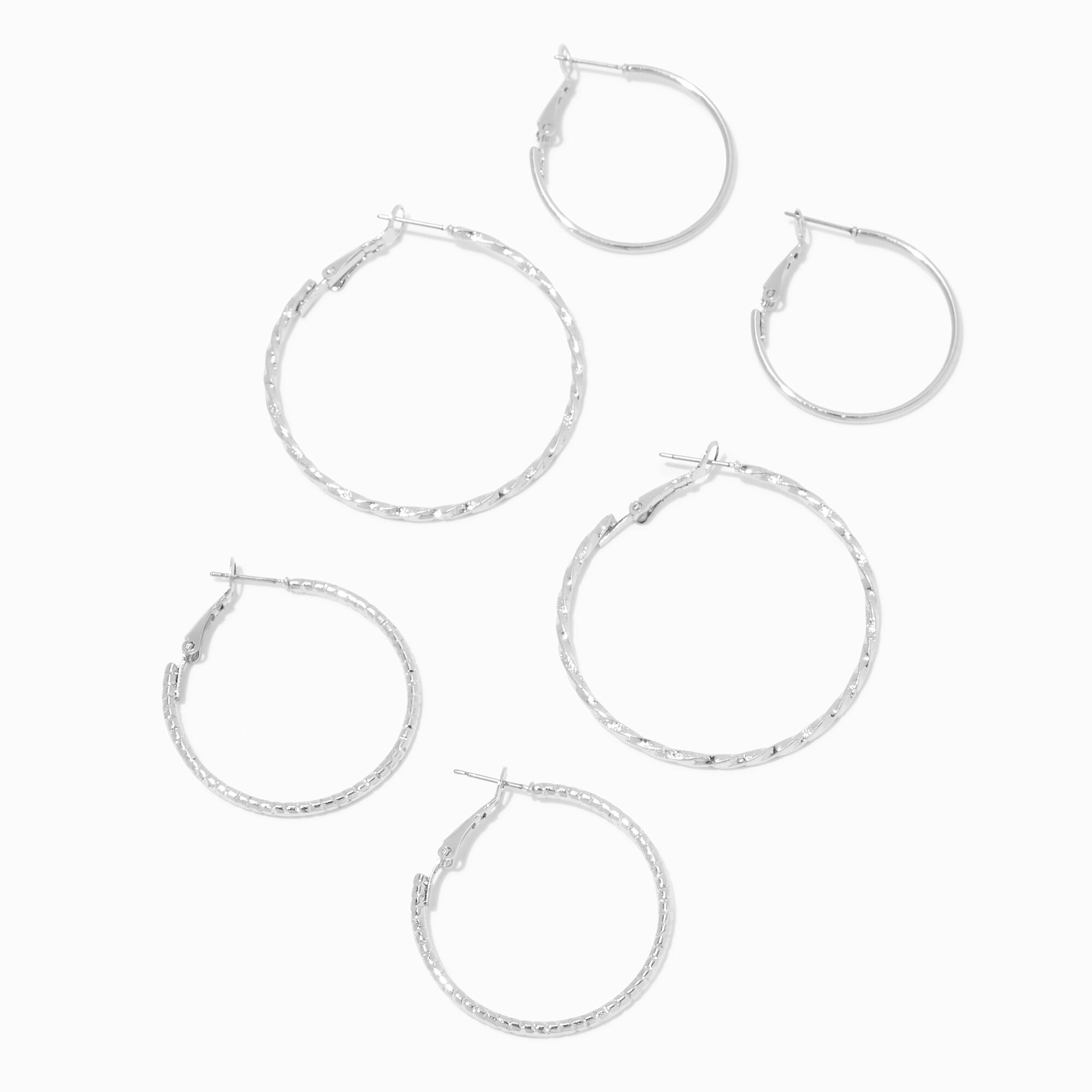 View Claires Tone Graduated Textured Hinge Hoop Earrings 3 Pack Silver information