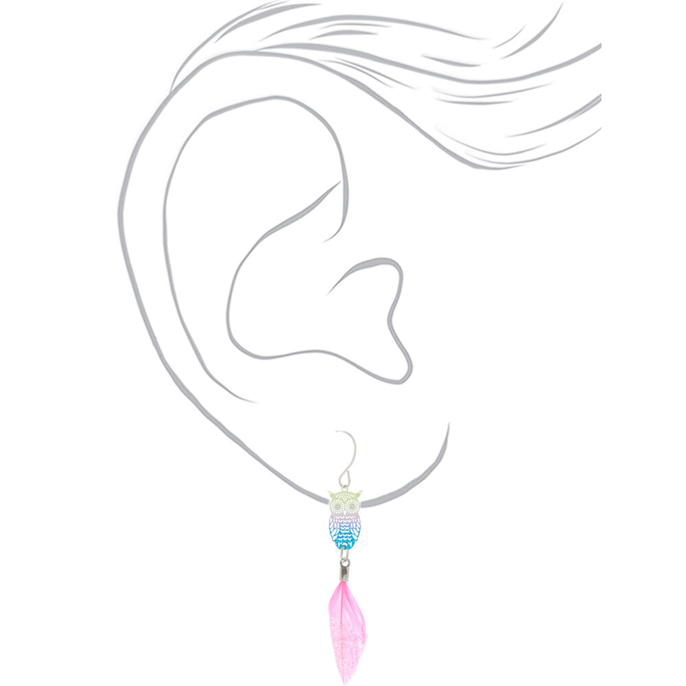2.5" Rainbow Glitter & Feather Owl Drop Earrings,