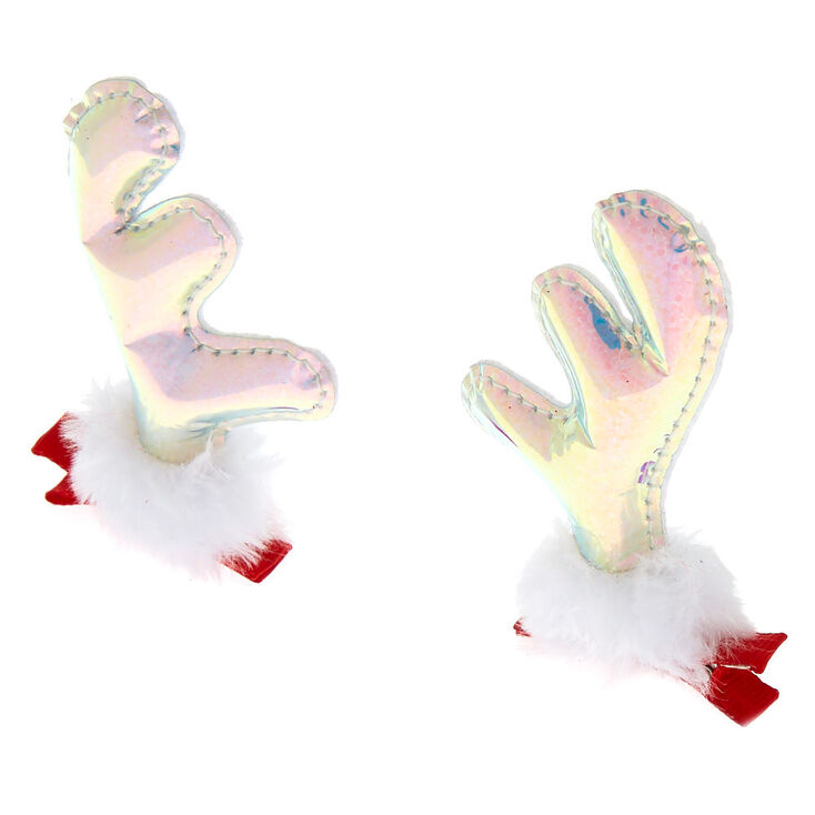 Holographic Reindeer Antler Hair Snap Clips - 2 Pack,
