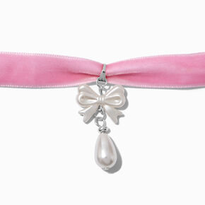 Pink Velvet Pearl Bow Pendant Choker Necklace ,