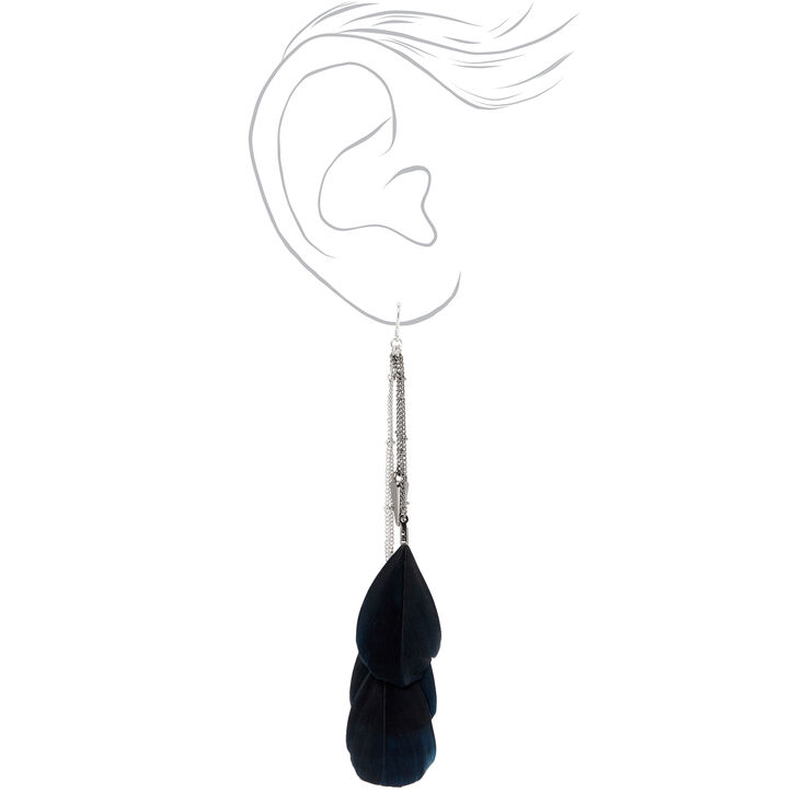 Silver 4.5&quot; Edgy Feather Drop Earrings - Black,