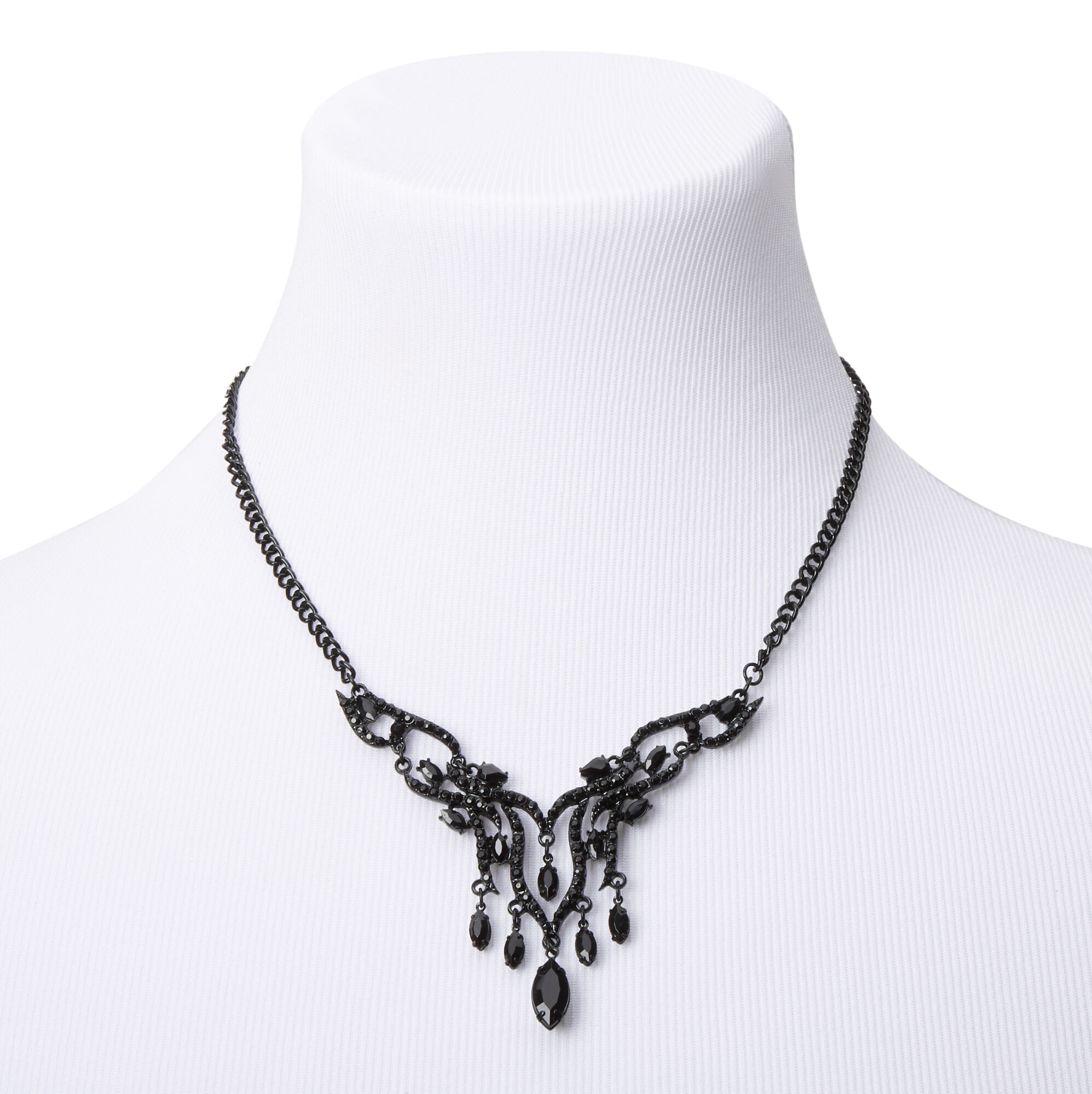 Jet Black Fancy Art Deco Statement Necklace,
